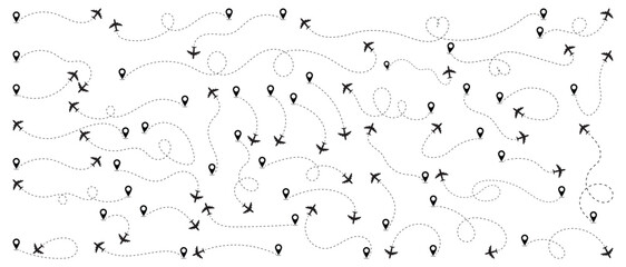Airplane Flight Routes with Location Pins and Dashed Travel Path. Airplane Flight Route Dotted Line. Travel Journey Concept with Airplane Routes and Location Pin Icons. vector illustration. © Mst