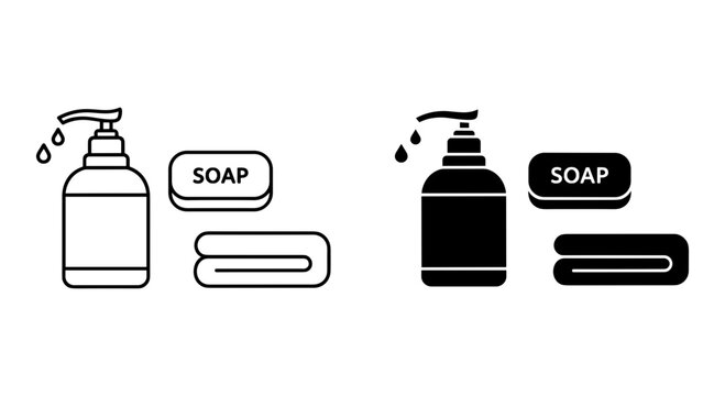 Minimalist liquid soap dispenser and bar soap icons, bathroom hygiene accessories set, black and white line art and silhouette vector graphics