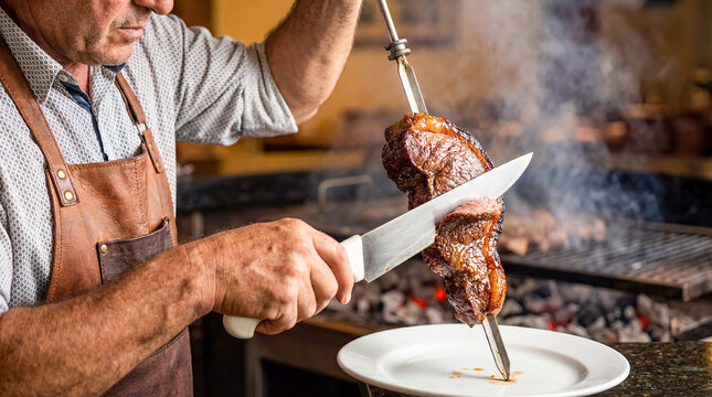 churrasco barbecue chef carving meat skewer restaurant leather apron knife grilled traditional cuisine gastronomy smoke authentic heritage steakhouse dinner culinary plate grill flame