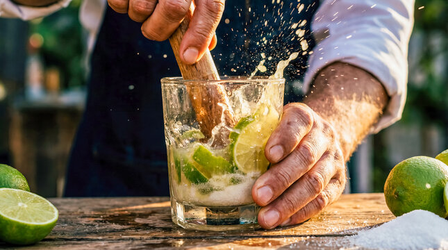 caipirinha preparation hands lime muddler cocktail sugar traditional drink culture refreshing tropical celebration bar nightlife gastronomy leisure beverage authentic closeup recipe craft