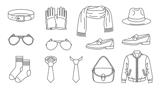 Collection of mens clothing and accessories.