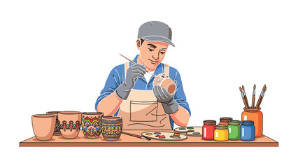 Fototapeta premium Pottery Painter at Work: A skilled artisan meticulously paints a clay pot, surrounded by a spectrum of vibrant colors, bringing artistic vision to life through the delicate art of ceramics.