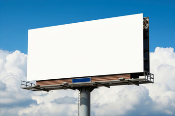 Obraz premium Blank billboard mockup standing against a vibrant blue sky with fluffy clouds, representing potential marketing opportunities and advertising space for creative brand messages.