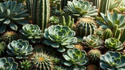 Fototapeta premium Sunlit succulents and cacti grow together in a vibrant garden