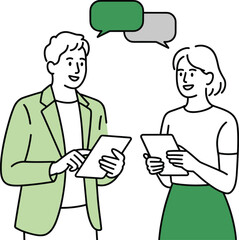 Fototapeta premium Business communication concept people chatting with speech bubbles. Team discussion collaboration flat line characters with tablets.