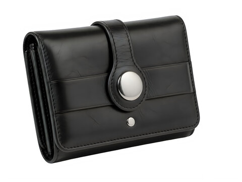 A black leather wallet with a silver button isolated on transparent background