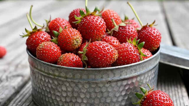 Close-Up of Fresh Strawberries in a Galvanized Metal Bucket on a Wooden Surface