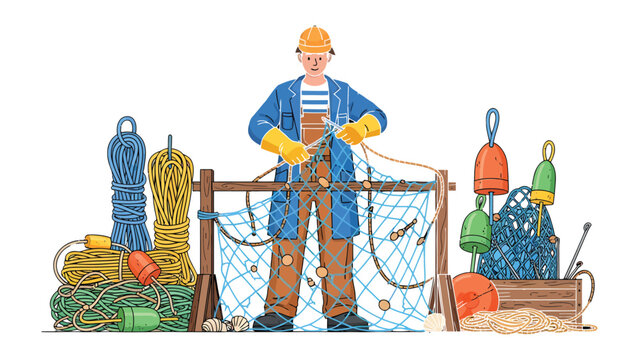 Craftsman of the Sea: A skilled artisan, adorned in practical attire, meticulously repairs a fishing net, surrounded by an array of nautical tools and equipment.