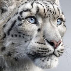 Fototapeta premium Detail of a Snow Leopard With Stunning Coat and Blue-Grey Eyes in a Snowy Background Showcasing the Beauty of This Endangered Species During a Close-Up View