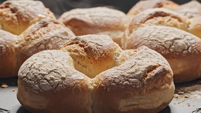 Close-Up of Freshly Baked Bread Rolls Covered in Flour on a Dark Surface