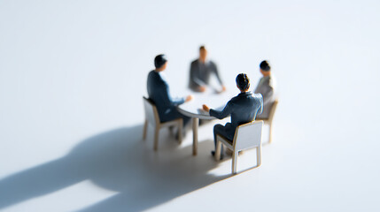 Fototapeta premium Miniature business figures convene around a white table, symbolizing teamwork, collaboration, and strategic discussion in a modern office setup