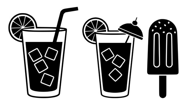 Vector icons of refreshing drinks and a frozen popsicle for summer