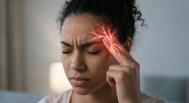 Jovem mulher brasileira sofrendo com dor de cabe&ccedil;a intensa e enxaqueca. Efeito gr&aacute;fico em vermelho destacando a inflama&ccedil;&atilde;o e dor na t&ecirc;mpora