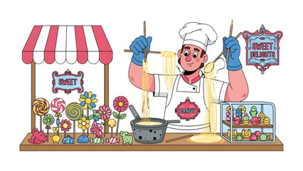 Sweet Delights Creation: A cheerful confectioner meticulously crafts artisanal sweets, showcasing a burst of colors and creativity in a vibrant candy shop.  © Mahbuba