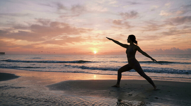 Mujer practicando yoga al amanecer en la playa, transmitiendo calma, equilibrio y bienestar.