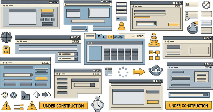 Under Construction Web UI Illustration Set with Website Interface Elements, Loading Screens, Error Messages, Warning Icons, and Development Components for Digital Design