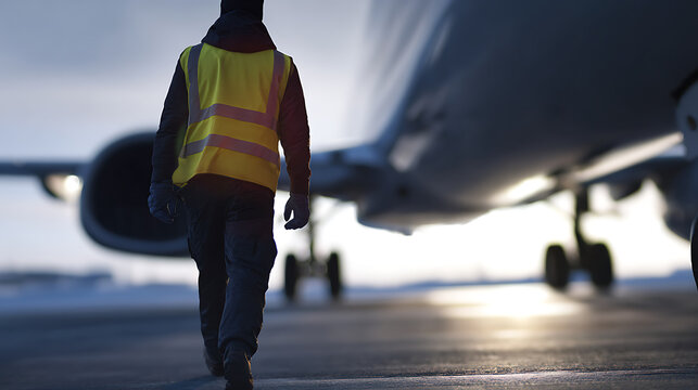 A ground crew worker in a safety vest walks on the tarmac towards a large commercial airliner at an airport during early morning or late evening