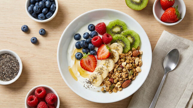 Desayuno saludable con frutas frescas, yogur y granola en composici&oacute;n minimalista y colores vibrantes.