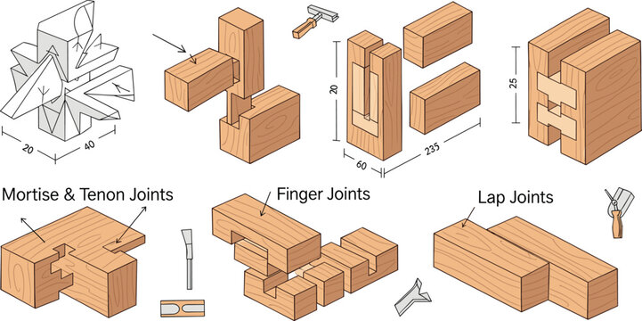 Wood Joinery Techniques Illustration with Mortise and Tenon, Finger Joints, Lap Joints, and Carpentry Construction Methods for Woodworking Design