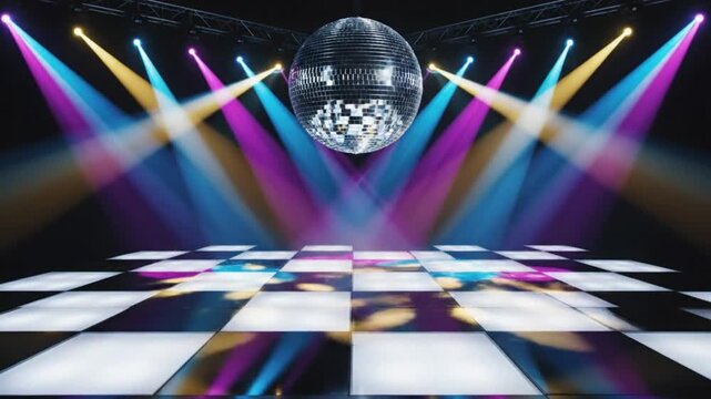 Bright disco stage with shiny checkered dance floor, illuminated by colorful spotlights and a mirrored disco ball.