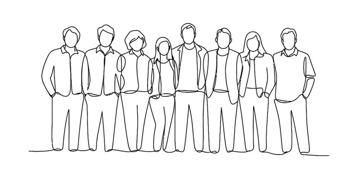 A continuous line drawing illustration featuring a diverse group of eight standing young people. Vector, illustration
