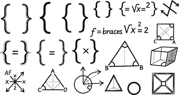 Hand Drawn Math Symbols and Geometry Illustration with Braces, Equations, Shapes, Diagrams, and Sketch Style Educational Elements for Learning Design