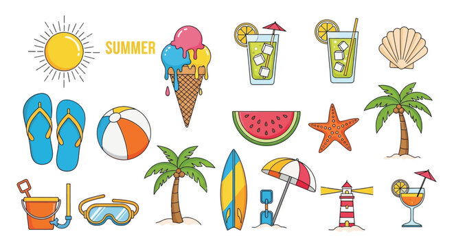 Colorful summer themed illustrations including ice cream beach items and sunshine