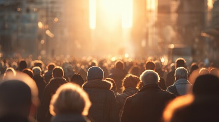 Obraz premium Crowd urban street filled with diverse people walking in golden hour sunlight concept of human connection and anonymity close up warm cinematic realistic Fusion city avenue backdrop.