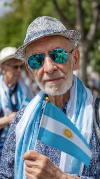 Elderly Argentine man, proudly wearing patriotic attire, holding the country's flag, a powerful national symbol, celebrating a festive holiday, outdoor event, embodying identity