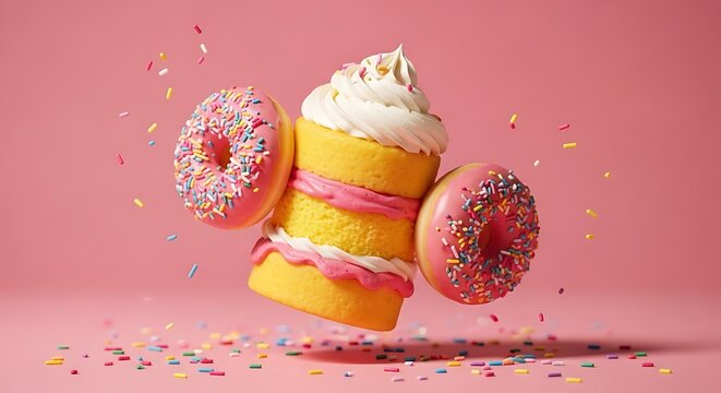 Colorful donuts and cake with sprinkles floating in air
