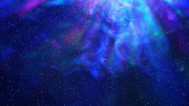 On a black background, colored rays move in clouds of smoke. View through sparkling particles. Closeup