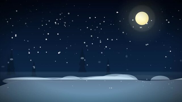 winter night landscape with snow and moon