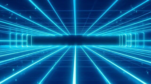 Neon blue futuristic tunnel with glowing grid lines and reflective floor conveying motion and digital atmosphere futuristic neon corridor with glowing cyan lines and reflective floor creating depth