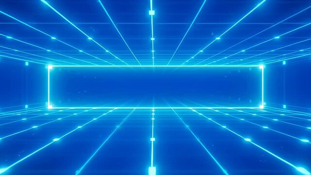 Neon grid tunnel with glowing blue lines and perspective depth futuristic digital corridor emitting cool electric light and subtle particles Neon blue futuristic corridor with glowing grid lines
