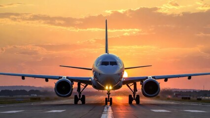 Naklejka premium Airplane sits center runway at sunset