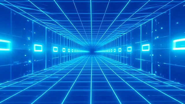 Neon grid corridor with glowing blue lines and geometric light panels creating futuristic perspective and digital tunnel atmosphere neon grid corridor futuristic tunnel glowing blue perspective