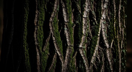 Obraz premium Close Up Texture of Rough Tree Bark with Moss and Shadows.