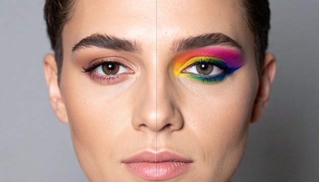 Androgynous person wearing half natural and half glamorous makeup