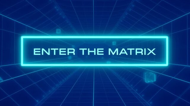 Neon blue rectangular frame and virtual grid tunnel with glowing text ENTER THE MATRIX, floating cubes and futuristic interface creating cyber digital portal, technology driven immersive futuristic