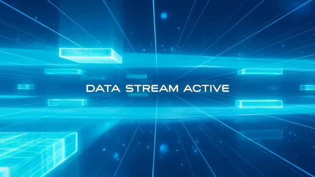 Data stream active blue digital network tunnel with glowing rectangular nodes, glowing blue lines converging toward horizon, and floating data blocks motion for futuristic connectivity and dynamic