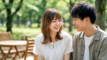 Fototapeta premium Happy young Japanese couple smiling together at outdoor cafe in park