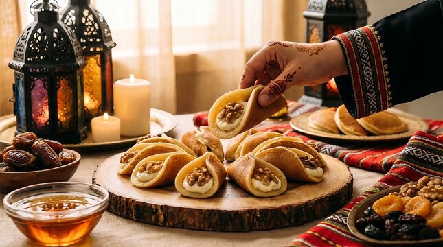 A close-up shot of a hand reaching for a Qatayef, a traditional Arab dessert, arranged on a wooden board.
