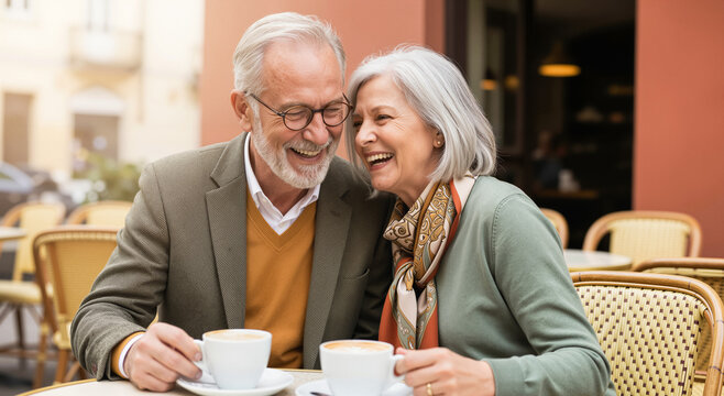 Happy Senior Couple Laughing and Enjoying Coffee on a Date at an Outdoor European Cafe