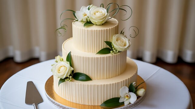 Wedding cake, three-tiered dessert, white roses, cream frosting, elegant dessert table