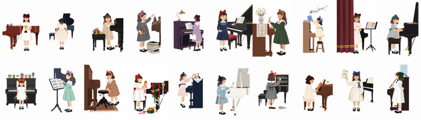 Collection of twenty illustrations showing young girls playing the piano, practicing, performing at recitals, and celebrating musical achievements in a charming vintage style. © Pitu