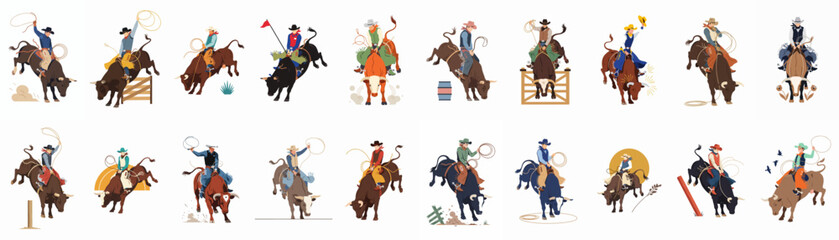 Diverse Collection of Professional Bull Riders and Rodeo Cowboys in Action-Packed Vector Illustrations Isolated on White Background © Pitu