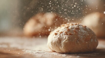 Fototapeta premium Close-up of a freshly baked bread roll on a wooden surface. the bread roll is golden brown in color and has a crumbly texture.