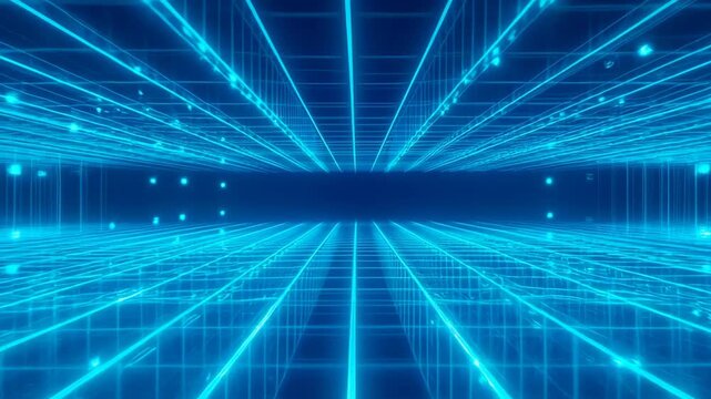 Neon grid corridor glowing blue lines reflective floor futuristic digital depth energetic mood futuristic data tunnel neon blue grid glowing particle corridor perspective depth digital network