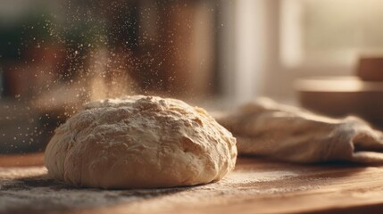 Obraz premium Freshly baked loaf of bread on a wooden cutting board. the bread is golden brown in color and has a flaky texture. it is being sprinkled with flour, creating a dusting effect.