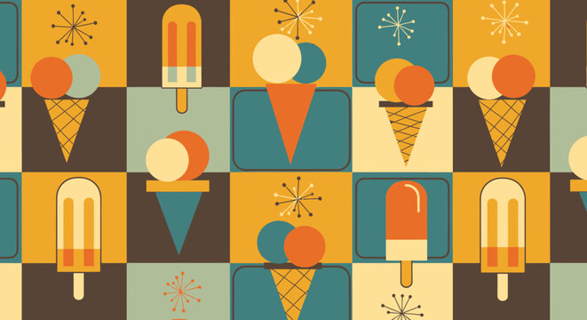 Colorful pattern of ice cream cones and popsicles on squares